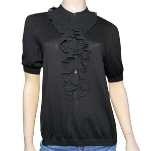 Hugo Boss Women’s Size M Black Silk Cashmere Knit Ruffle Front Henley Sweater